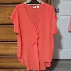 Cato Coral-Orange V-Neck Ruffle Front Blouse